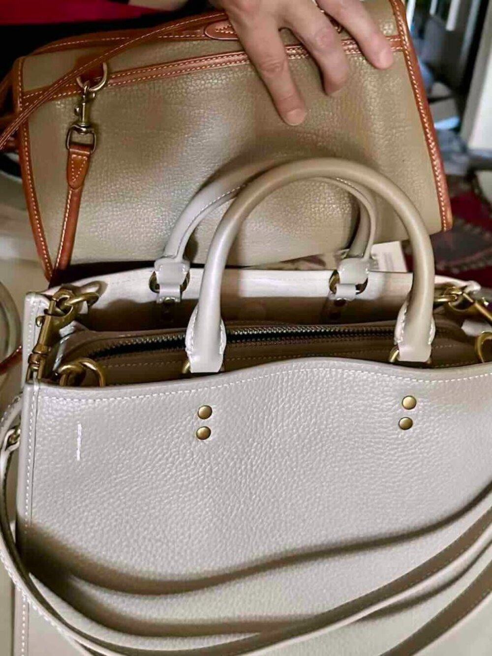 NWT QUINCE 30/31 Italian Leather Medium Convertible Satchel Taupe Ecru 3way bag - Picture 10 of 16